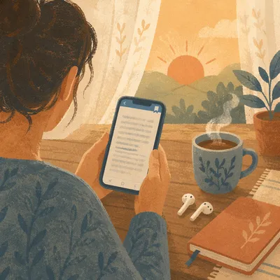 Morning Reading App with Earbuds and Mug