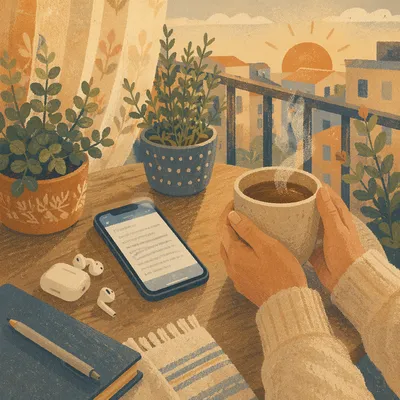 Morning Coffee with Phone and Earbuds