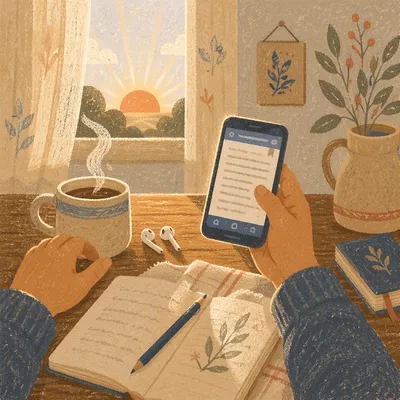Morning Smartphone Reading at Kitchen Table
