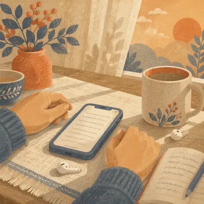 Morning Table Scene with Phone and Earbuds