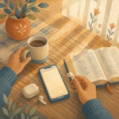 Morning Table with Phone and Earbuds