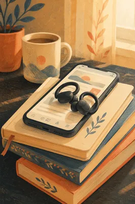 Smartphone with Earbuds on Books