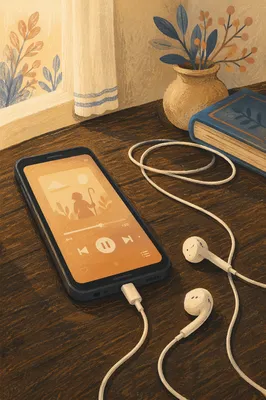 Morning Bible App with Earbuds on Wood