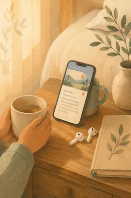 Sunlit Bedside Table with Phone and Mug
