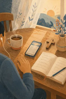 Morning Bible App Devotion with Earbuds