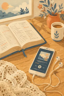 Open Bible, Smartphone and Earbuds on Table
