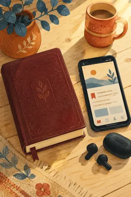 Morning Reading Setup on Wooden Table