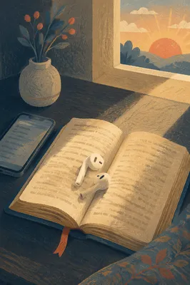 Smartphone Earbuds and Open Book Still Life