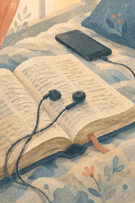 Bible and Earbuds on Morning Bedding