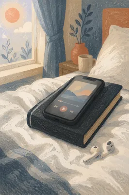 Smartphone and Earbuds on Black Bible