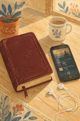 Bible Smartphone and Earbuds on Wooden Table