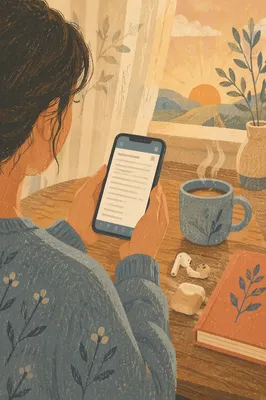 Morning Phone Reading with Earbuds and Mug