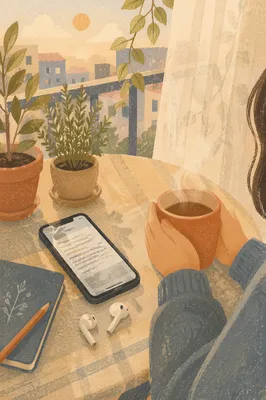 Phone and Earbuds on Morning Balcony Table