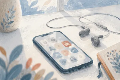 Smartphone and Earbuds on White Desk