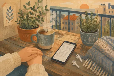 Morning Balcony Table with Phone and Mug