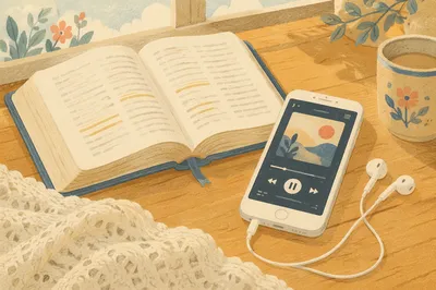 Open Bible Smartphone and Earbuds on Table
