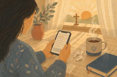 Morning Smartphone Reading with Earbuds and Coffee