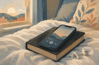 Smartphone and Earbuds on Black Bible