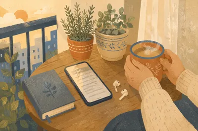 Smartphone and Earbuds on Morning Balcony Table