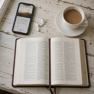 Morning Bible Reading with Phone and Coffee