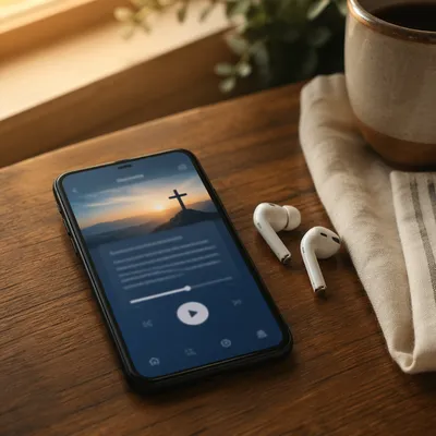 Smartphone and Earbuds on Wooden Table