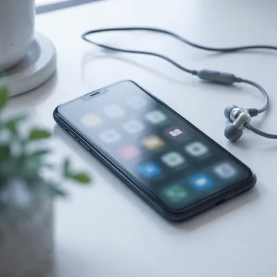 Smartphone and Wired Earbuds on White Desk