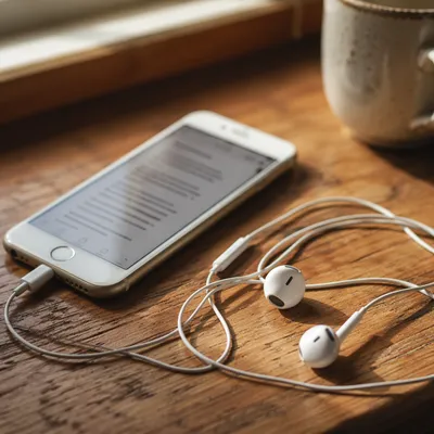 Smartphone and Earbuds on Wooden Table
