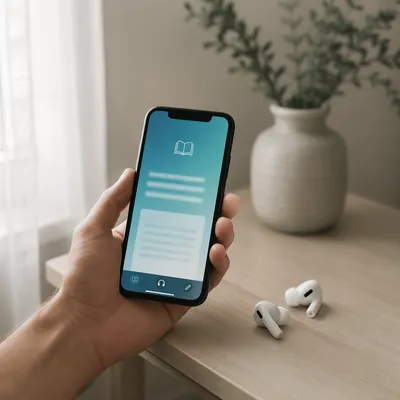 Hand Holding Smartphone with Earbuds Nearby