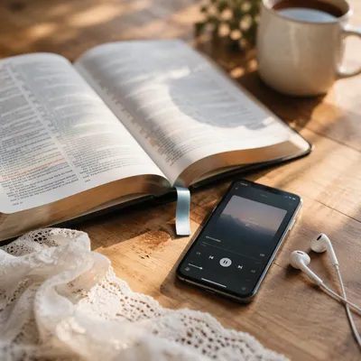Open Bible and Smartphone on Wooden Table