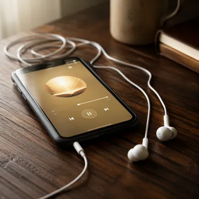 Smartphone and Earbuds on Wooden Table