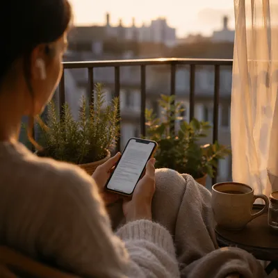 Morning Balcony Reading with Smartphone and Earbuds