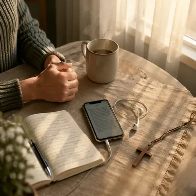 Morning Bible App Devotion With Earbuds