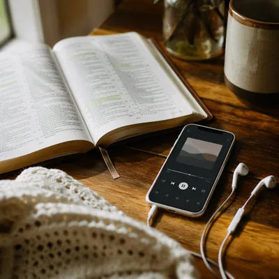 Open Bible and Smartphone with Earbuds
