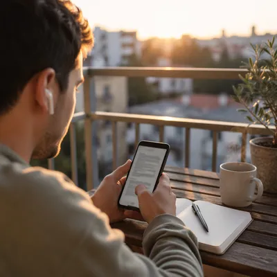 Morning Balcony Reading with Phone and Earbuds