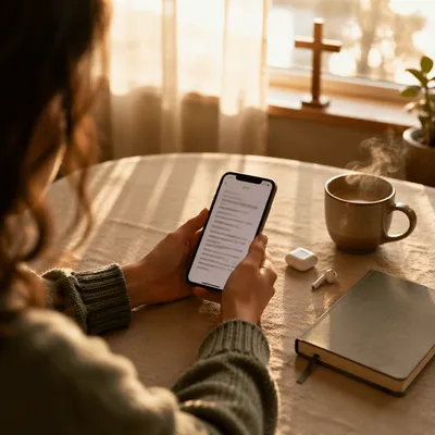 Morning Phone Reading with Coffee and Earbuds