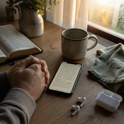 Morning Bible App Devotion with Earbuds