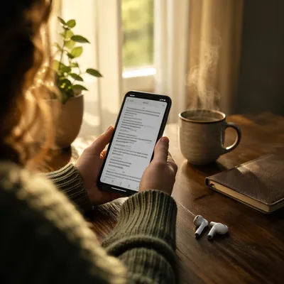 Morning Reading App with Earbuds and Mug
