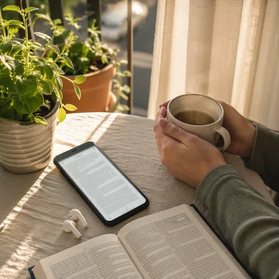 Smartphone and Earbuds on Morning Balcony Table