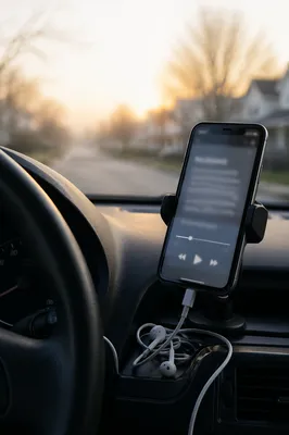Smartphone with Earbuds in Morning Car