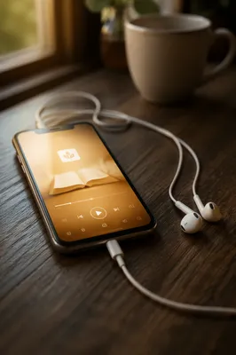 Smartphone With Wired Earbuds on Wood Table