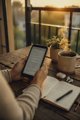 Morning Balcony Table with Phone and Earbuds