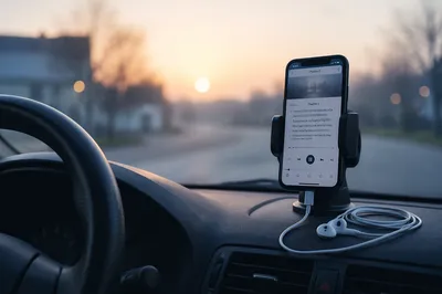 Smartphone with Earbuds in Parked Car