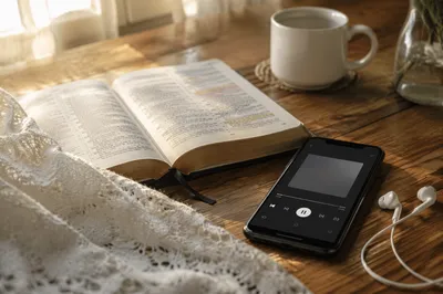 Open Bible with Smartphone and Earbuds