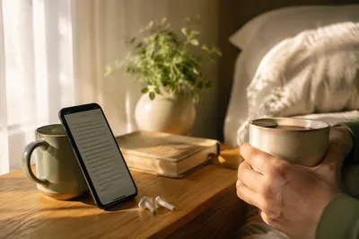 Sunlit Bedside Table with Smartphone and Mug