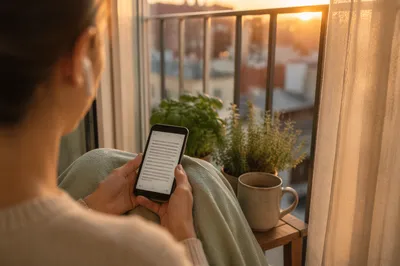 Morning Balcony Reading with Smartphone and Earbuds