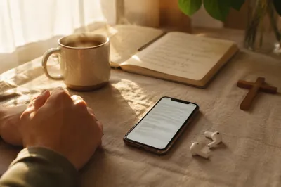 Smartphone and Earbuds on Morning Table