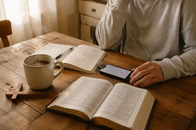 Morning Bible App Devotion with Earbuds