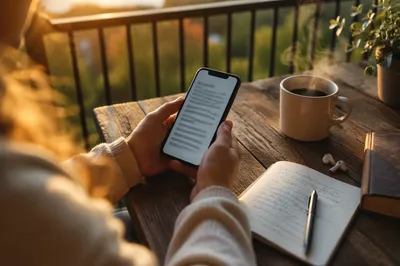 Morning Smartphone and Earbuds on Balcony Table