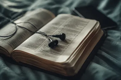 Open Bible with Earbuds on Bedding