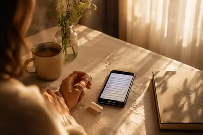 Morning Devotional Table with Phone and Earbuds